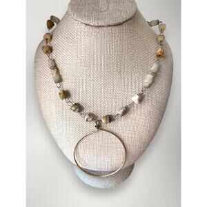 Vintage Artisan Stone Bead Necklace with Brass Hoop Pendant